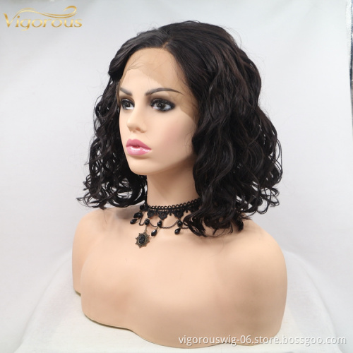 Vigorous black pink red bob curl wholesale heat resistente short cheap synthetic hair wig with lace